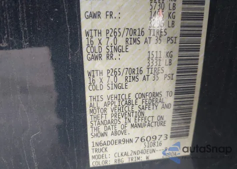 2017 Nissan Frontier Sv z USA, uszkodzony, nr VIN 1N6AD0ER9HN760973